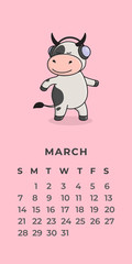 Template for a Wall calendar for 2021. The year of the ox in the Eastern Chinese calendar. Cute character ox, bull or cow. Ready-to-print poster. Flat design.