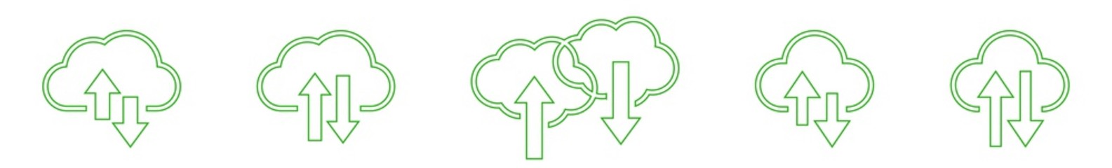 Cloud Upload Download Icon Green Line | Clouds Arrow Up Down Illustration | Computing Storage Symbol |  Server Data Internet Logo | IT Service Sign | Isolated | Variations