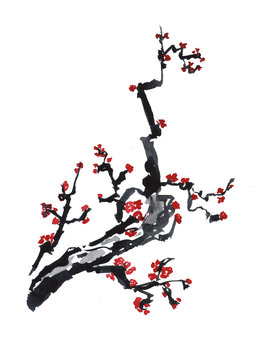 Card with blossoming oriental cherry branch in traditional japanese sumi-e style.