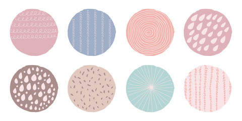 Abstract set art design template background with trendy color circles shapes and hand drawn curved lines. Creative modern design for logo, poster, wallpaper, business identity. Vector illustration.