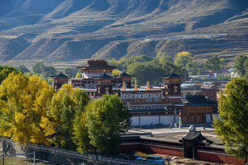 View of the Labrang Monastery from hilltop in Xiahe County, China