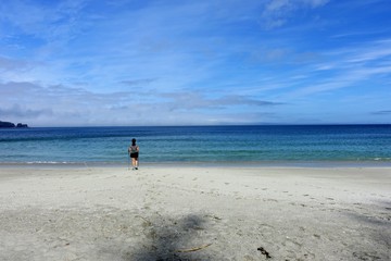 A female hiker walking along the ocean of the sandy beaches of nels bight and experimental bight,...