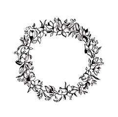 Black circle of flowers, hand drawn wreath isolated on white background