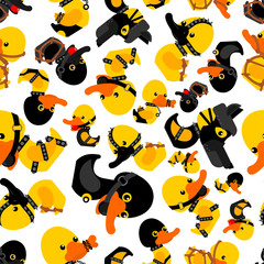 BDSM duck pattern seamless. fetish toy background. Rubber duck in black suit texture. vector ornament