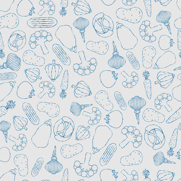 Vegetables hand drawing pattern seamless. Potatoes and cabbage, peppers and carrots, eggplant and onions background