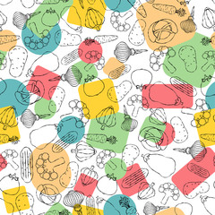 Vegetables hand drawing pattern seamless. Potatoes and cabbage, peppers and carrots, eggplant and onions background