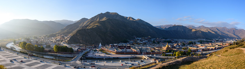 Panoramic view of the Labrang Monastery from hilltop in Xiahe County, China