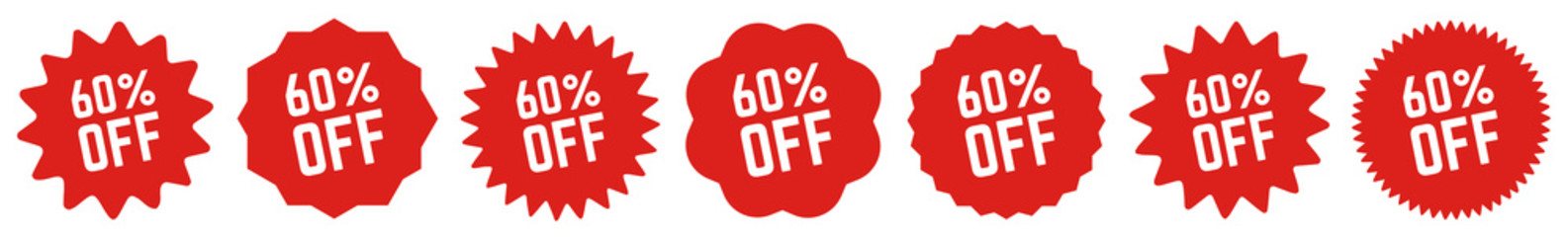 60 Percent OFF Discount Tag Red | Special Offer Icon | Sale Sticker | Deal Label | Variations