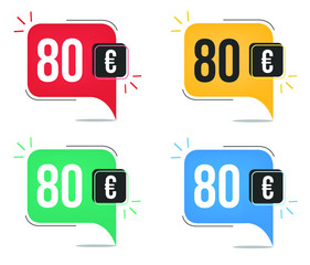 €80 euro price. Yellow, red, blue and green currency tags. Balloon concept with eighty euros sales tag.