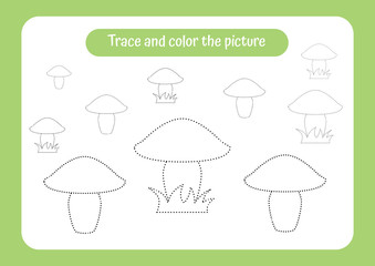 Mushroom meadow. Trace and color the picture. Educational game for children. Handwriting and drawing practice. Forest theme activity for toddlers, kids.