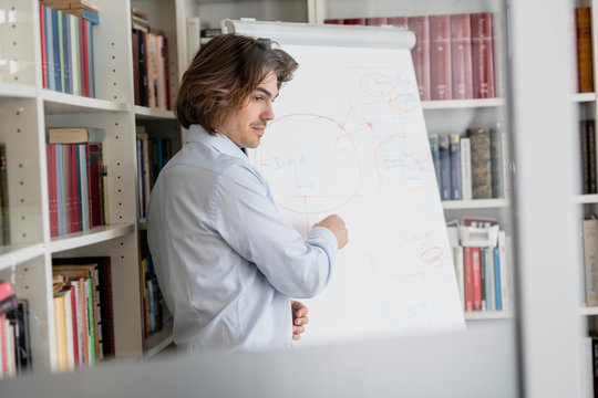 Businessman explaining over whiteboard in office seen through door