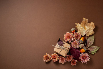 Autumn composition, flowers, gift, acorns, dried leaves on brown background.