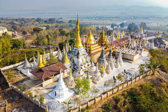 Myanmar, Shan State, Indein, Aerial view of&nbsp;Shwe Indein Pagoda