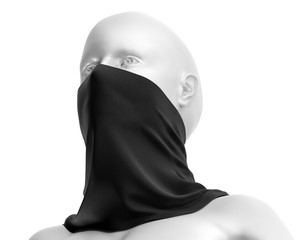 Black Neck gaiter mockup with white mannequin, Dark Fabric necker dust proof 3d Rendering isolated on white background