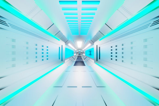 Three dimensional render of white futuristic corridor inside spaceship or space station