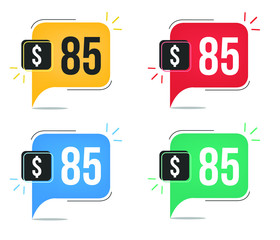 $85 dollar price. Yellow, red, blue and green currency tags. Balloon concept with eighty-five dollars sales tag.