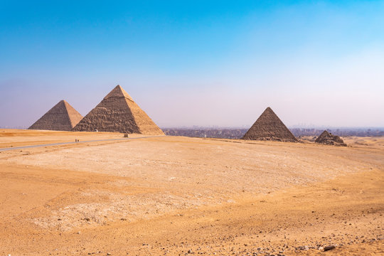 Egypt, Giza Governorate, Giza, Clear sky over Giza Pyramids