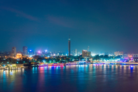 Egypt, Cairo, Nile with Cairo Tower on Gezira Island&nbsp;at night