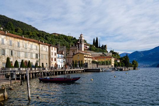 Italy, Lombardy, Riva di Solto, Lake Iseo and town
