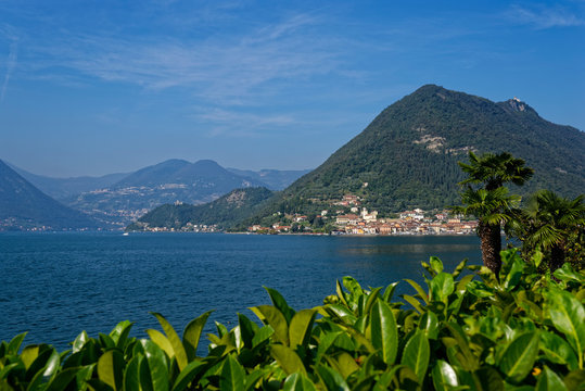 Italy, Lombardy, Monte Isola, Sulzano, Lake&nbsp;Iseo&nbsp;surrounded with mountains