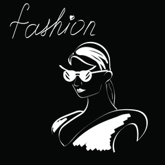 Fashion model, woman in glasses , fashion vector chalk illustration and lettering. Concept for print, logo, cards 