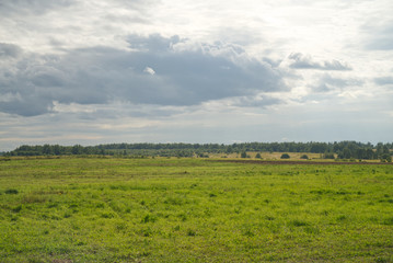 Fototapeta na wymiar village landscape, green grass field and sky with clouds