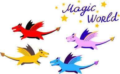 cut magic characters dragons on the stary sky vector  isolated on white background. Concept for wallpaper, clothing, textile, stickers 