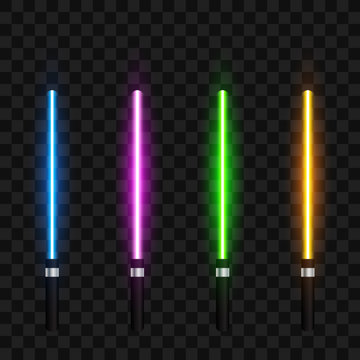 Set of neon light swords, isolated on transparent background, vector illustration.