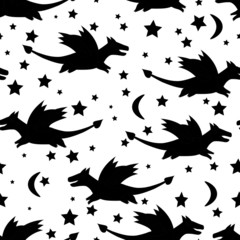 Dragons, stary night , magic world , cute characters vector seamless pattern on white background. Concept for print, wallpaper, wrapping paper, cards 