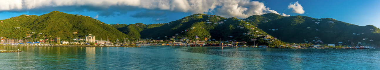 Fototapeta na wymiar A panorama view across Road Town on Tortola in the early morning sunshine