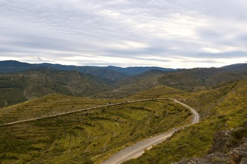 Naklejka premium Mountain landscape with forest track and van going up. Cloudy sky at sunset.