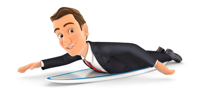 3d businessman lying down on surfboard