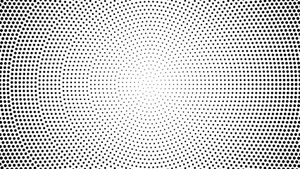 Black and white halftone radial pattern. Abstract dotted vector background.
