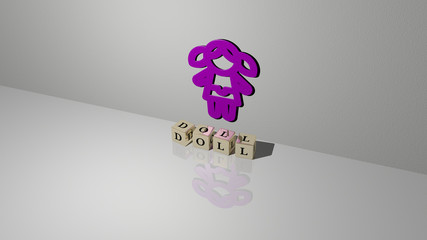 DOLL text of cubic dice letters on the floor and 3D icon on the wall, 3D illustration for background and cute