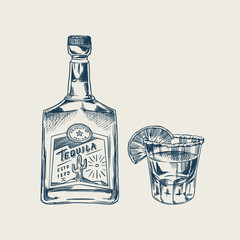 Bottle of tequila Glass shot with lime and label for retro poster or banner. Engraved hand drawn vintage sketch. Woodcut style. Vector illustration.