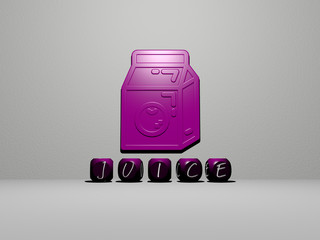 JUICE 3D icon on the wall and text of cubic alphabets on the floor, 3D illustration for background and fresh