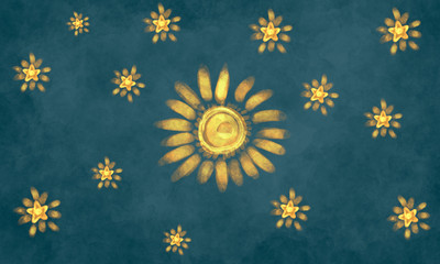hand-drawn unusual golden moon and stars on the background of the blue night sky. Hand-drawn background in vintage style