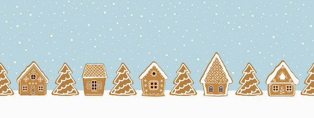 Gingerbread village. Christmas background. Seamless winter border. There are gingerbread houses and fir trees on a blue background. Greeting card template. Vector illustration - obrazy, fototapety, plakaty