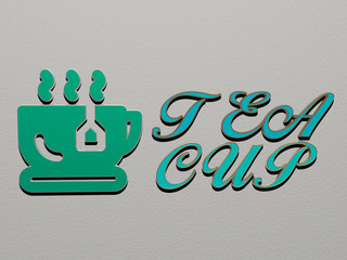 3D representation of TEA CUP with icon on the wall and text arranged by metallic cubic letters on a mirror floor for concept meaning and slideshow presentation for background and illustration