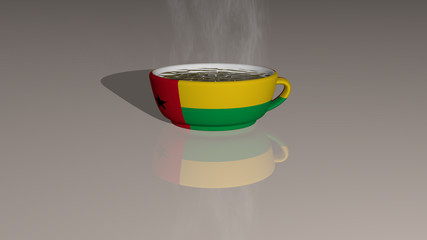 guinea bissau placed on a cup of hot coffee in a 3D illustration with realistic perspective and shadows mirrored on the floor