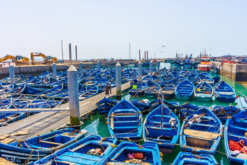 Traditional blue boats in the harbor of Essaouira, Morocco