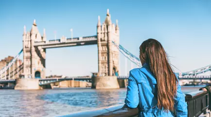 Fototapete Tower Bridge London Tourist auf Europa reisen Frau zu Fuß auf der Straße der Stadt mit Blick auf das Wahrzeichen der Tower Bridge. Berühmtes europäisches Urlaubsziel, das den Frühling in England, Großbritannien, Großbritannien genießt.