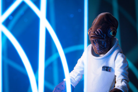NEW YORK USA, APRIL 13 2020: recreation of a scene from Star Wars depicting Admiral Ackbar looking at a tactical display on the rebel base at Yavin 4 - Hasbro action figures

