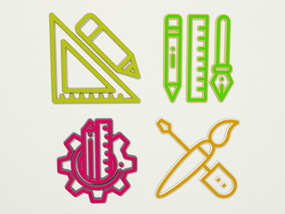 design tool 4 icons set, 3D illustration