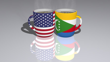 united states of america comoros placed on a cup of hot coffee mirrored on the floor in a 3D illustration with realistic perspective and shadows