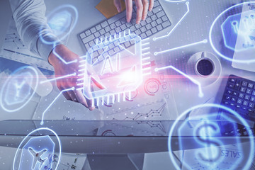 Double exposure of man's hands typing over computer keyboard and data theme hologram drawing. Top view. Technology concept.