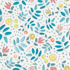 Scattered stylized flowers and and leaves with polka dots in soft greenish-blue, orange and yellow shades on grey background for various uses textile, digital print, web, scrapbooking, home decoration