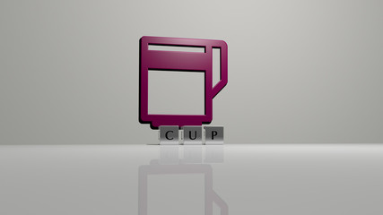 CUP text of cubic dice letters on the floor and 3D icon on the wall, 3D illustration for coffee and background