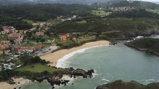 Asturias. Beautiful  coastal area in beach of Borizo.  Barro and  Celorrio. Spain. Aerial Drone Footage