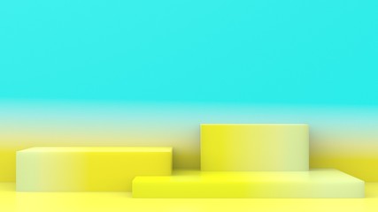 3d blue yellow cubes gradient colors in soft pastel minimal studio background. Abstract 3d geometric shape object illustration render. Display for summer holiday product.